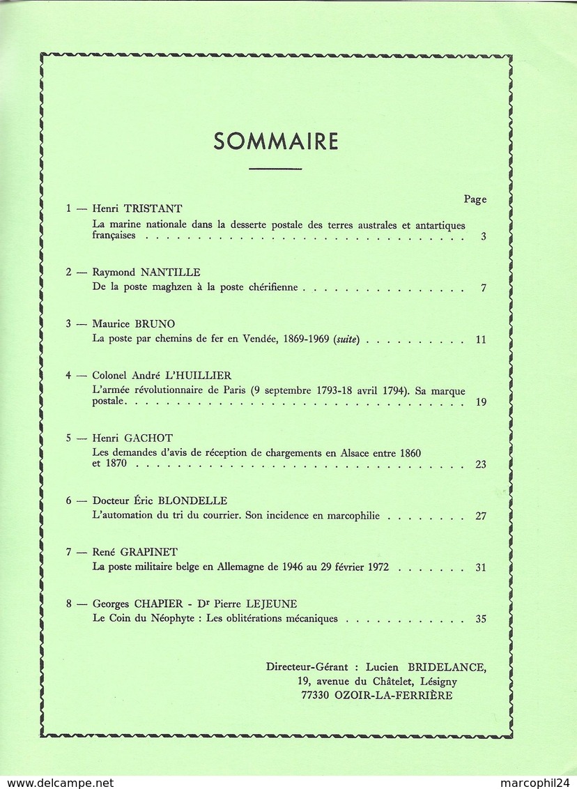 FEUILLES MARCOPHILES - N° 196 1974 = KERGUELEN + MAROC + VENDEE + ARMEE REVOLUTIONNAIRE De PARIS + POSTE MILITAIRE BELGE - Französisch