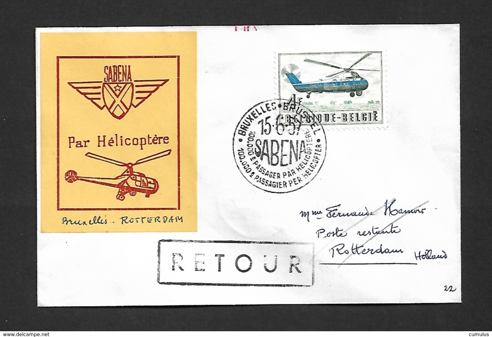 Service Aérien Par Hélicoptère Bruxelles Rotterdam Du 15/06/1957 - Autres & Non Classés