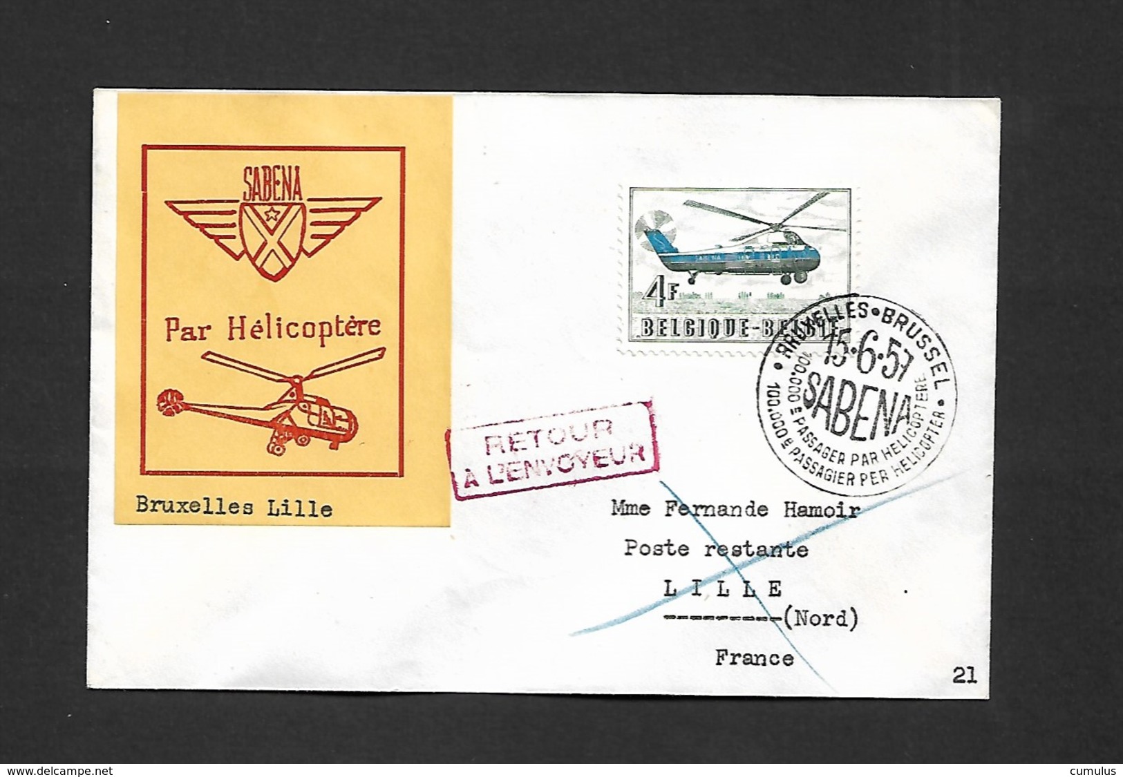 Service Aérien Par Hélicoptère Bruxelles  Lille Et Bruxelles Paris Du 15/06/1957 - Autres & Non Classés