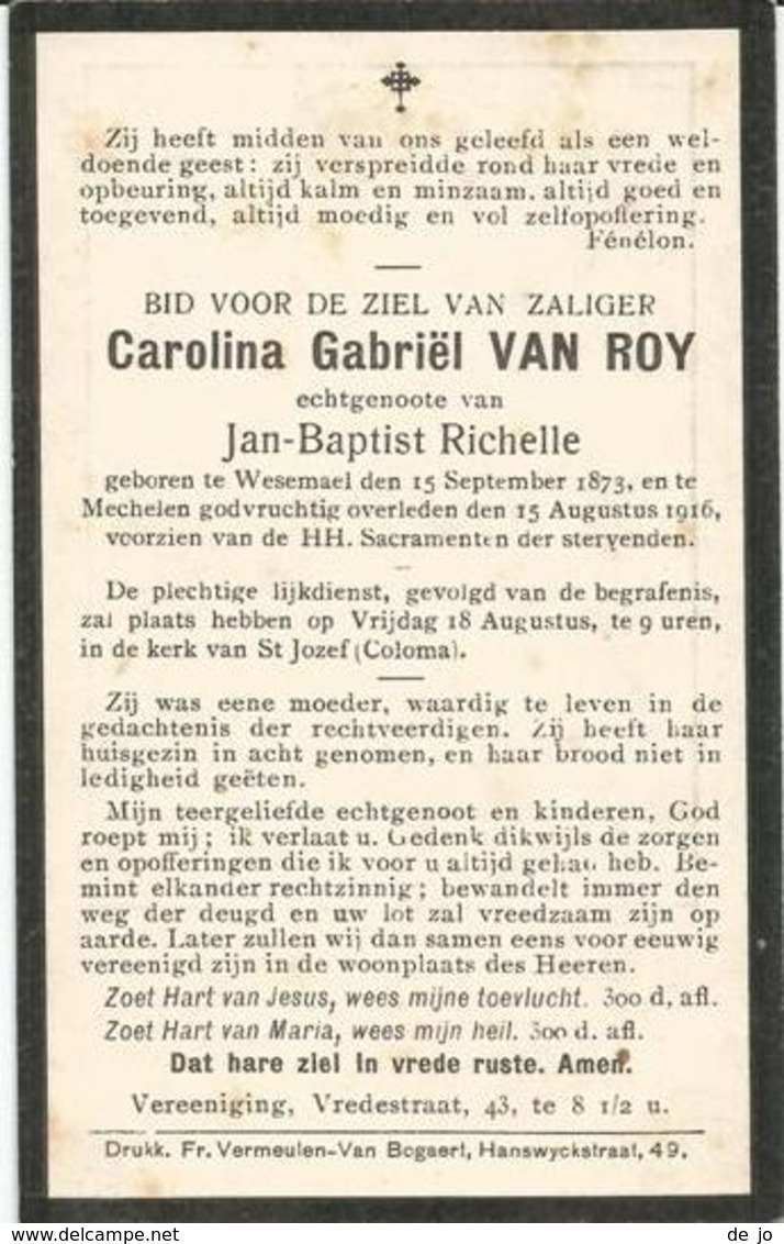 VAN ROY Carolina Gabriël °1873 Wesemael +1916 Mechelen Echt. Jan Richelle Doodsprentje Image Mortuaire  Funeral - Religion &  Esoterik