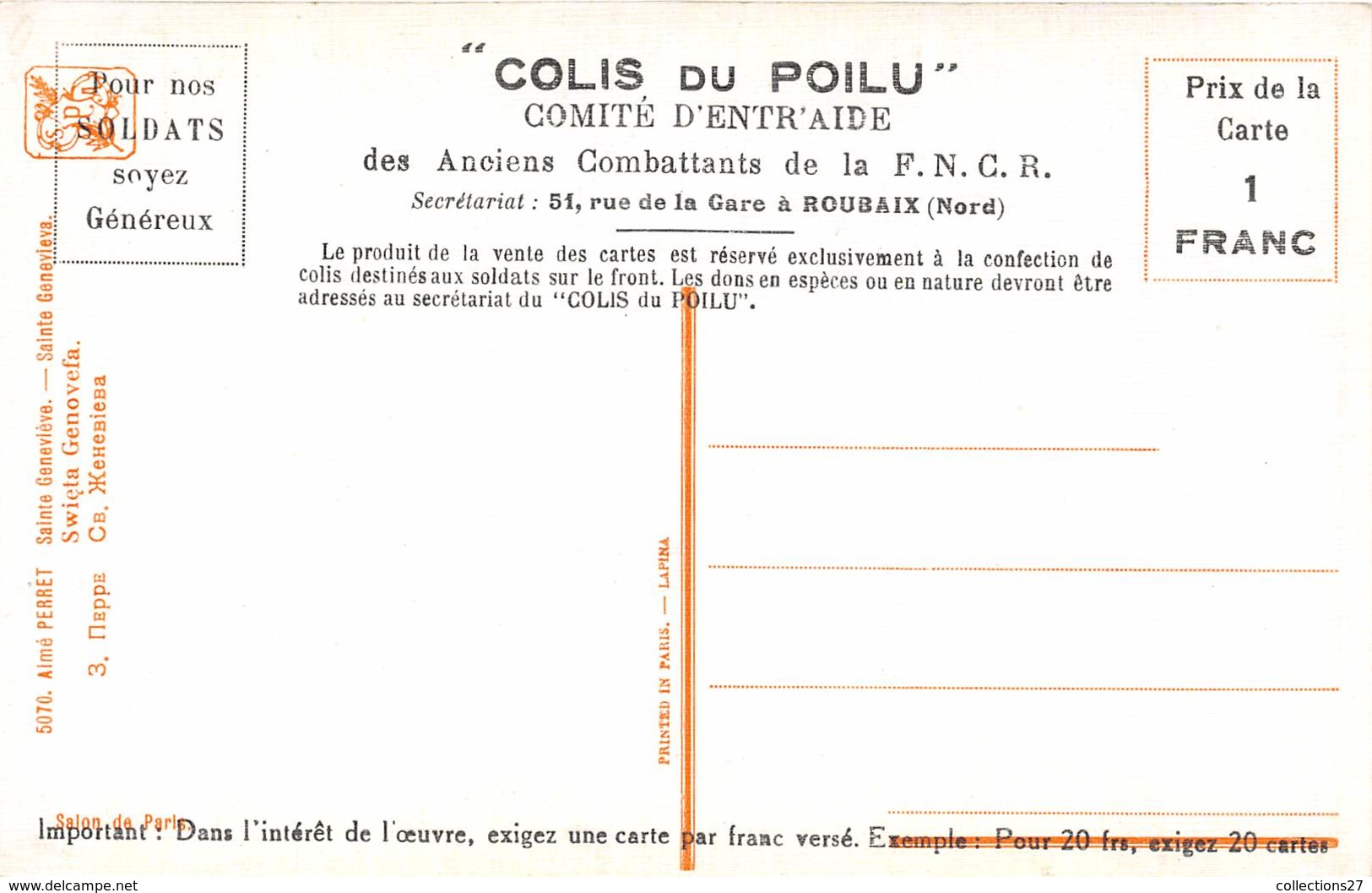 59-ROUBAIX- LOT DE 10 CARTES- COLIS DU POILU, COMITE D'ENTRAIDE DES ANCIENS COMBATTANTS DE LA FNCR