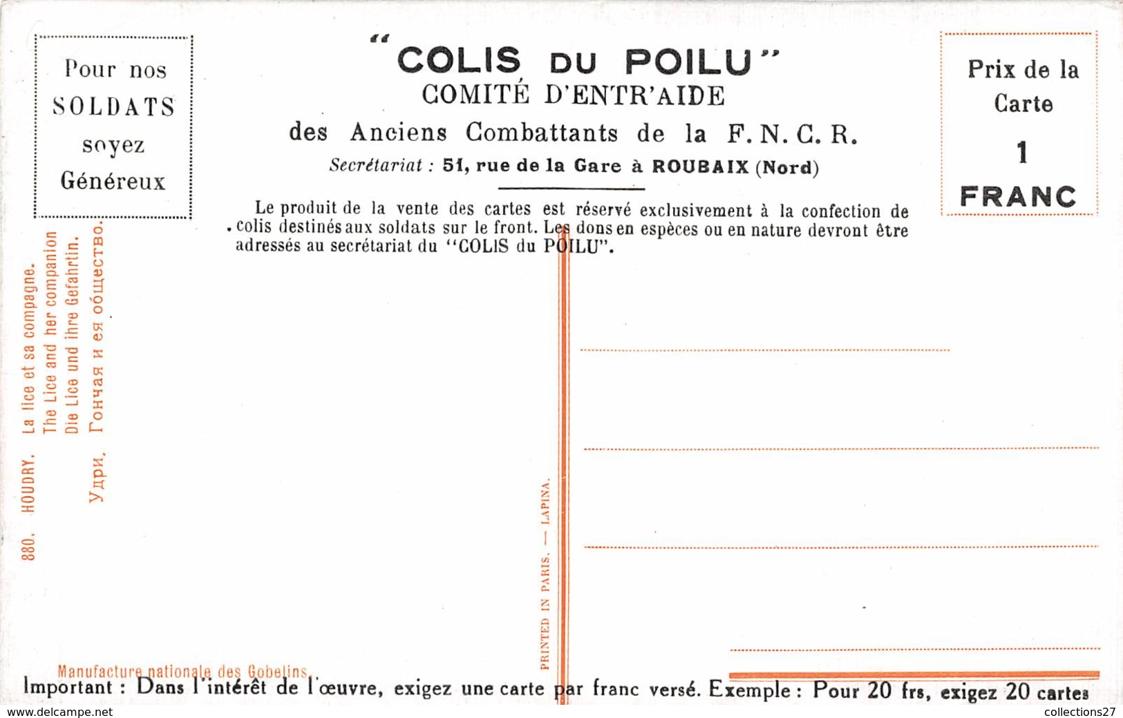 59-ROUBAIX- LOT DE 10 CARTES- COLIS DU POILU, COMITE D'ENTRAIDE DES ANCIENS COMBATTANTS DE LA FNCR