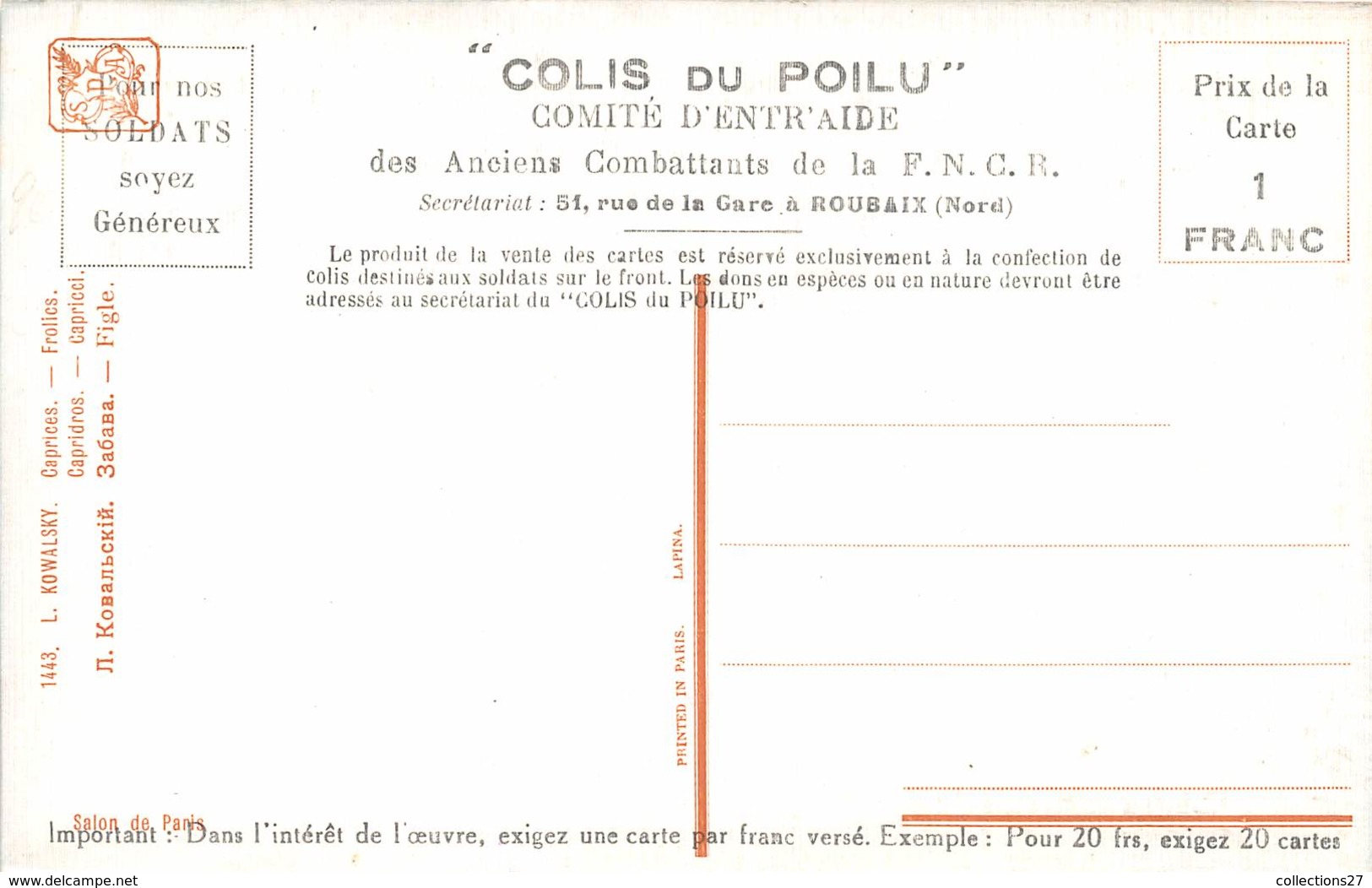 59-ROUBAIX- LOT DE 10 CARTES- COLIS DU POILU, COMITE D'ENTRAIDE DES ANCIENS COMBATTANTS DE LA FNCR