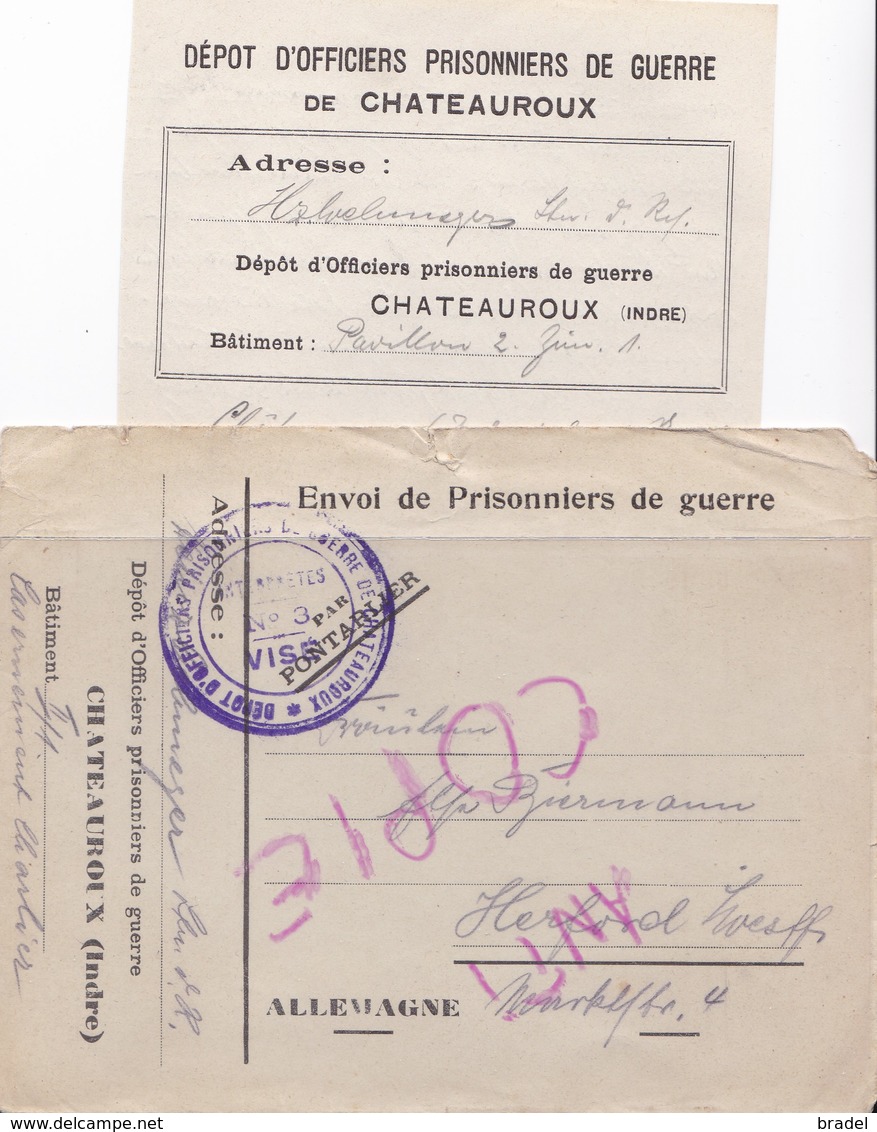 Enveloppe En Franchise Militaire Camp D'officiers Prisonniers De Guerre De Chateauroux Indre - Lettres & Documents