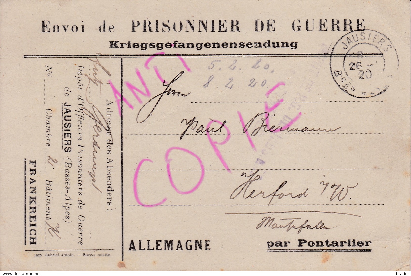 Carte En Franchise Militaire Camp D'officiers Prisonniers De Guerre De JAUSIERS  Basses Alpes 1920 - Lettres & Documents