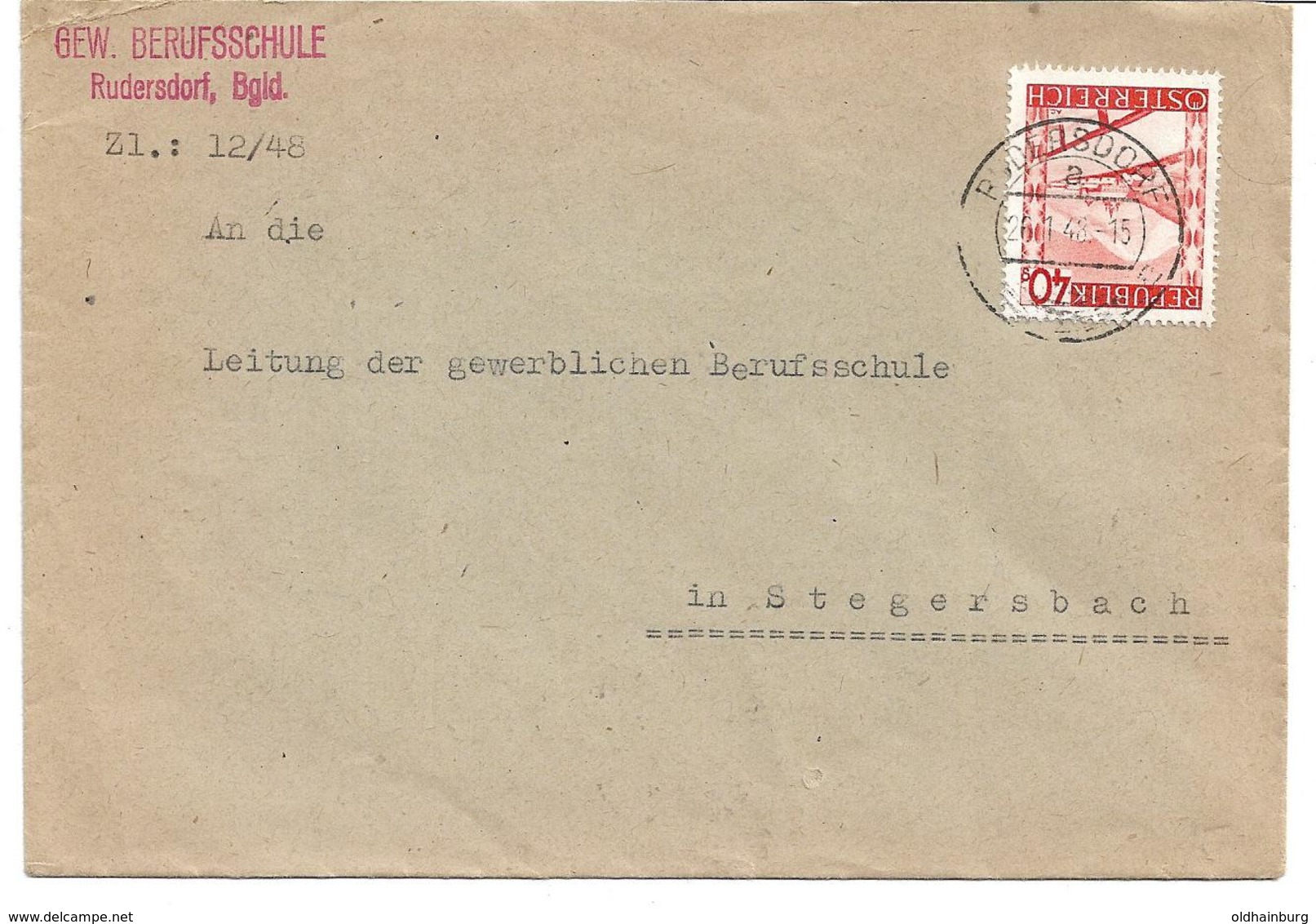 6013i: Seltener Burgenland- Beleg Berufsschule Rudersdorf 26.1.1948, Brief Nach Stegersbach - Jennersdorf