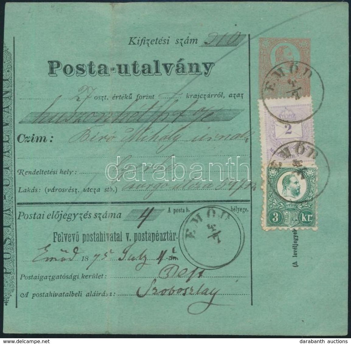 1875 Júli. 04. 5kr Díjjegyes Postautalvány + 3kr Réznyomat + 2kr Színesszámú Krajcáros Vegyes Díjkiegészítéssel "EMŐD" - - Sonstige & Ohne Zuordnung