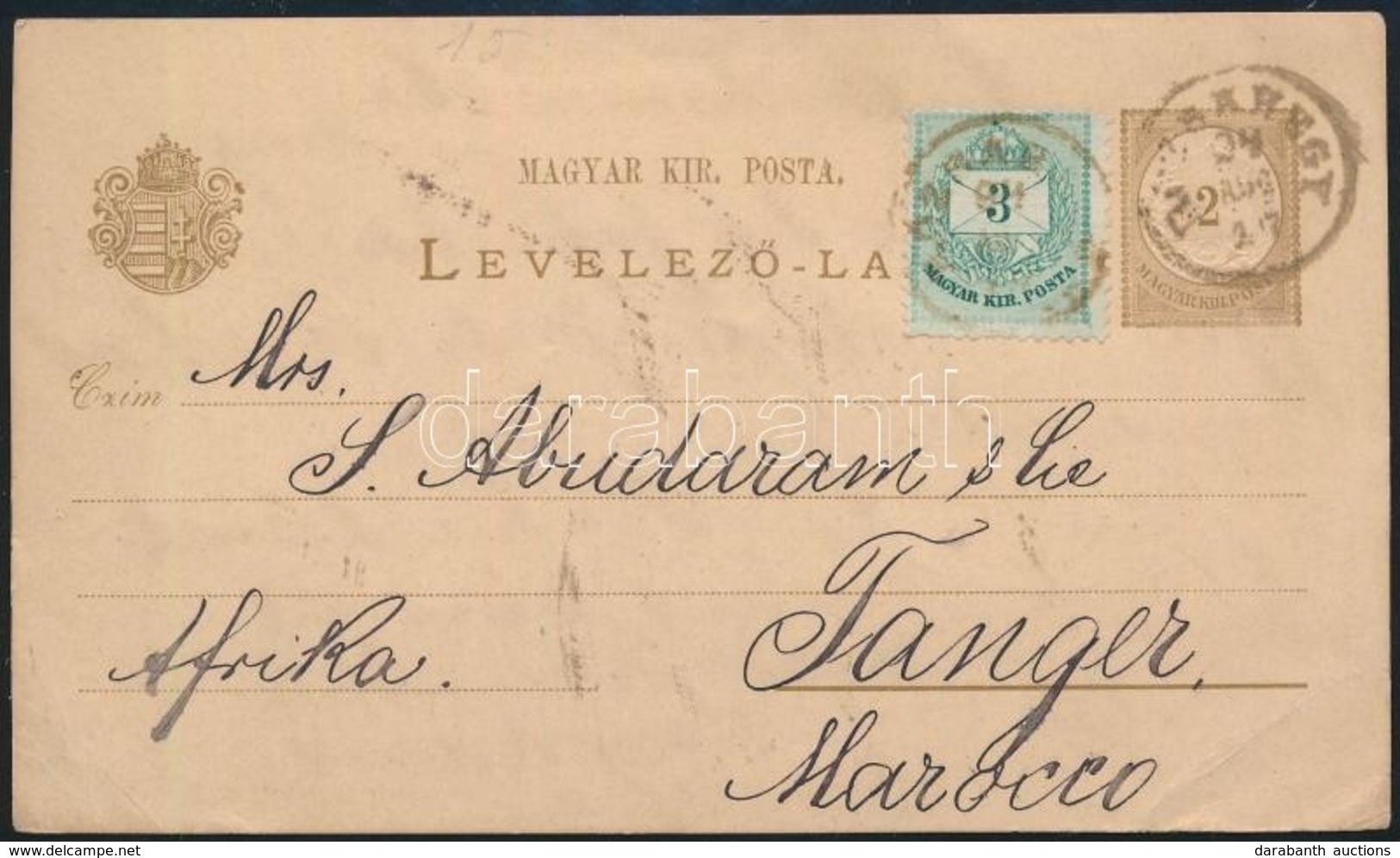 1894 Díjjegyes Levelezőlap 3kr Kiegészítéssel Rózsahegyről Tangerbe, érkezési Bélyegzéssel. Ritka Destináció!! - Sonstige & Ohne Zuordnung