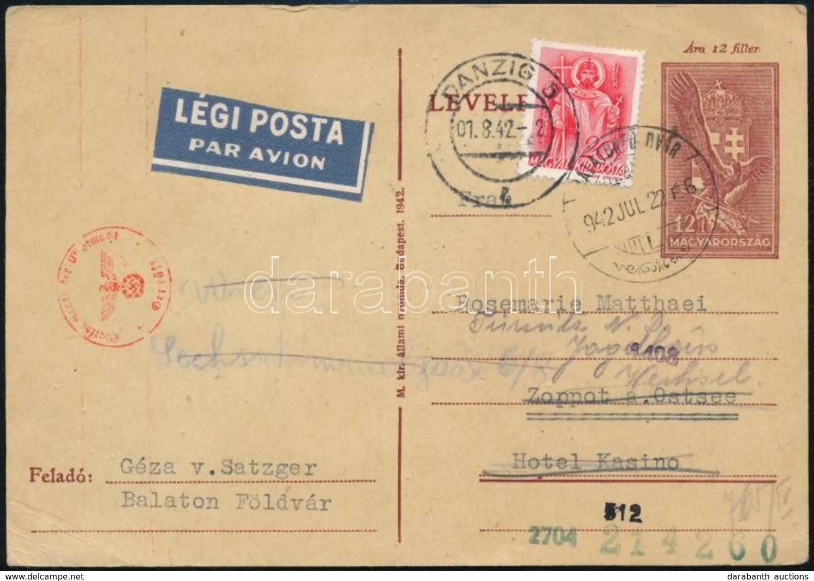 1942 Díjkiegészített Díjjegyes Levelezőlap Légipostával, Cenzúrázva Danzigba, Többszörösen Továbbküldve. Érdekes Darab!! - Sonstige & Ohne Zuordnung