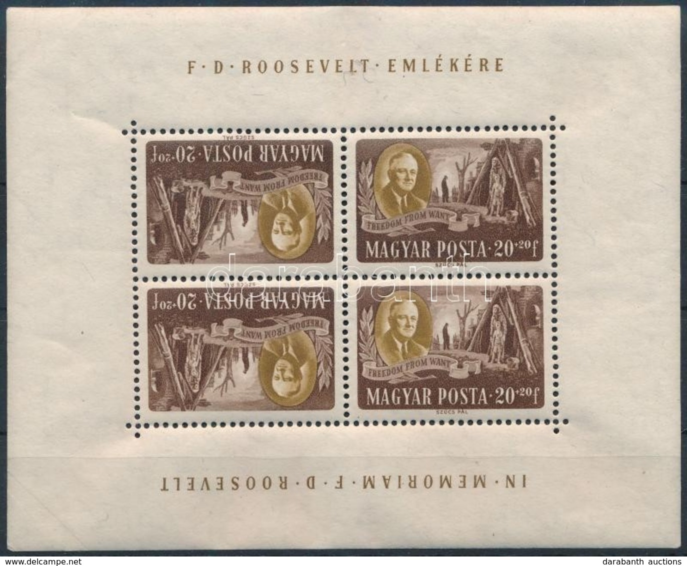 * 1947 Roosevelt 20f Fordított állású Kisív (nyomás, Törés / Pressed, Gum Folded) - Sonstige & Ohne Zuordnung