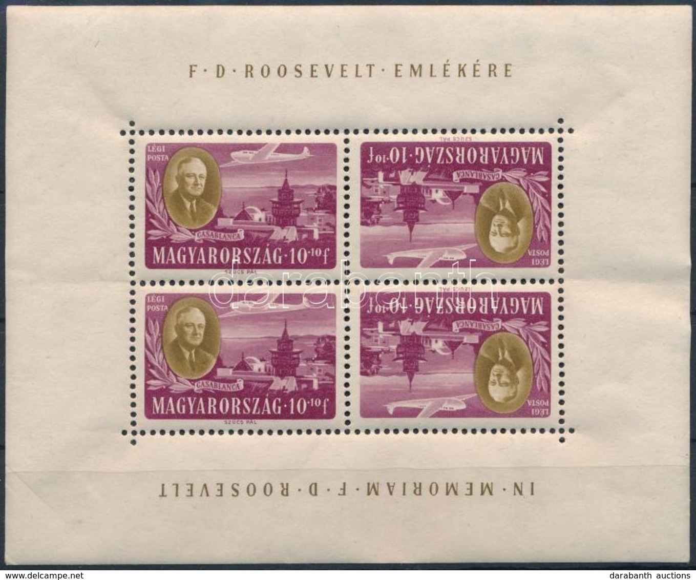 * 1947 Roosevelt 10f Fordított állású Kisív (törés, Ránc / Gum Folded, Crease) - Sonstige & Ohne Zuordnung