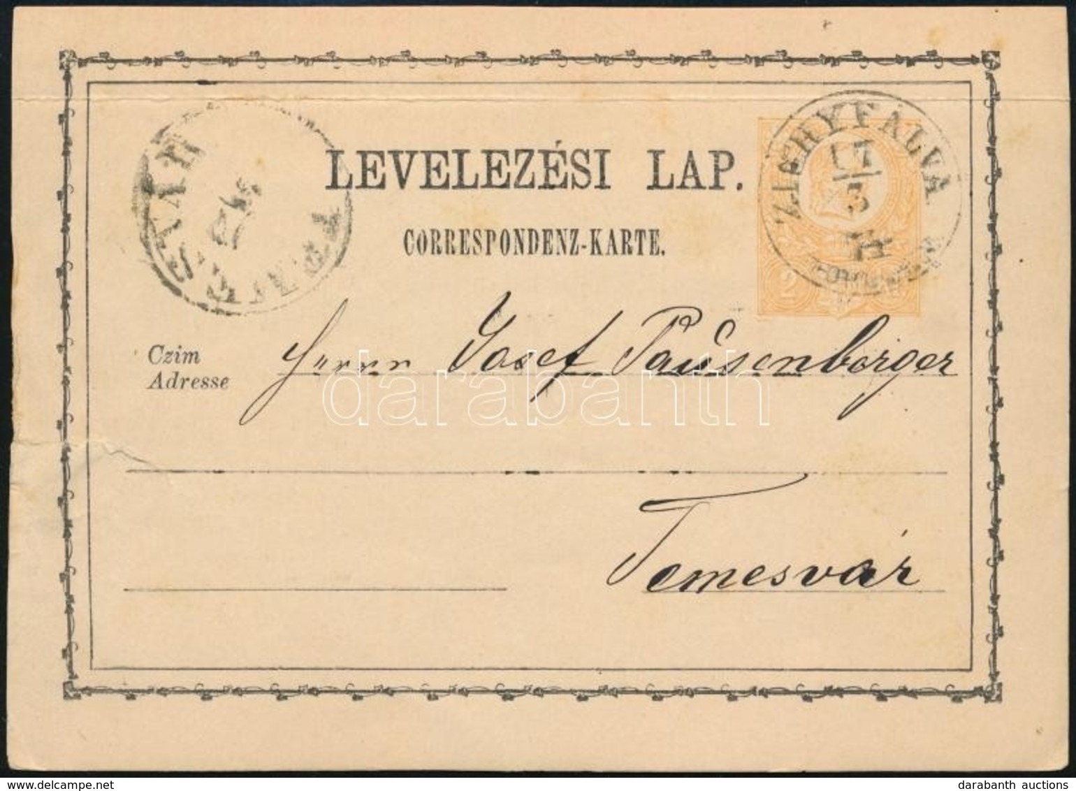 1875 Díjjegyes Levelezőlap "ZICHYFALVA TORONT. M." - Sonstige & Ohne Zuordnung