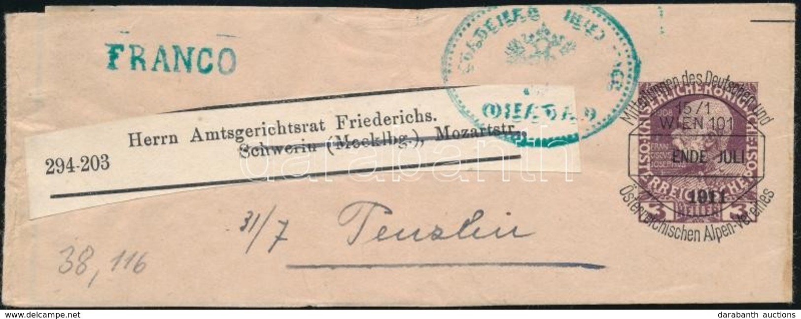 1911 "WIEN"- "HAMBURG" Osztrák Címszalag 3 Heller - Sonstige & Ohne Zuordnung