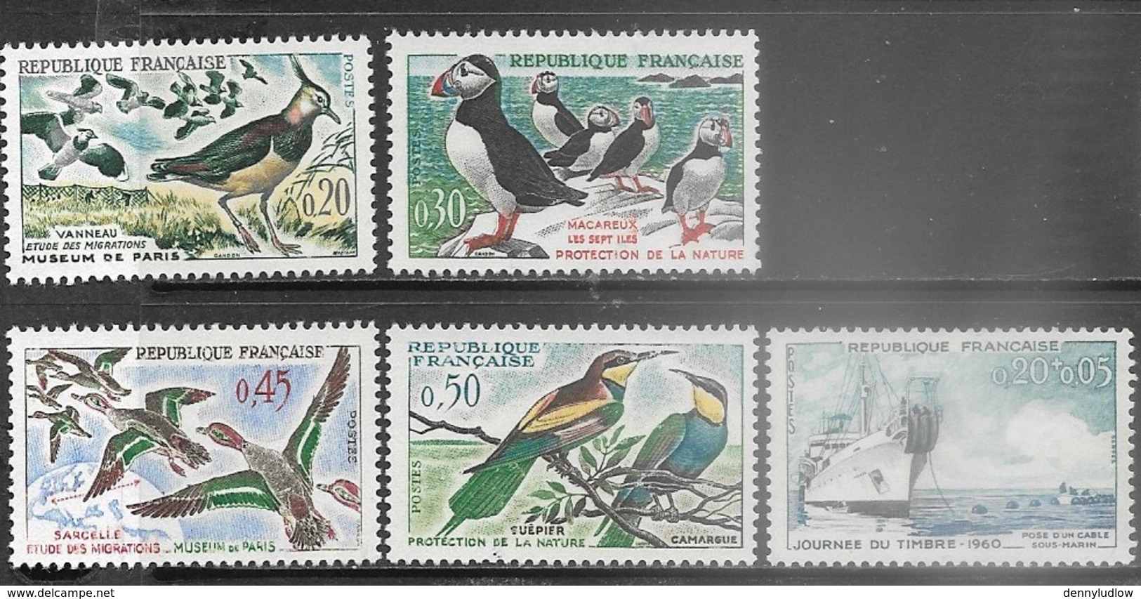 France  1960  Sc#978-81 Birds, #B339 Ship  MLH  2016 Scott Value  $3.90 - Unused Stamps