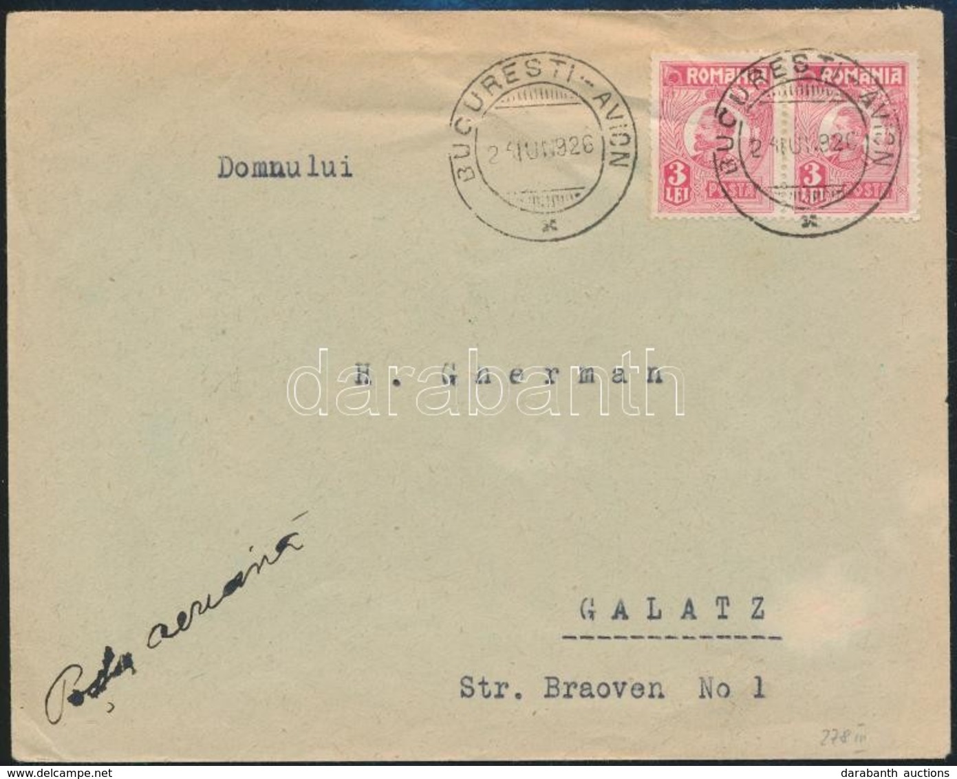 1926 Légi Levél / Airmail Cover "BUCUREST" - Galatz - Sonstige & Ohne Zuordnung