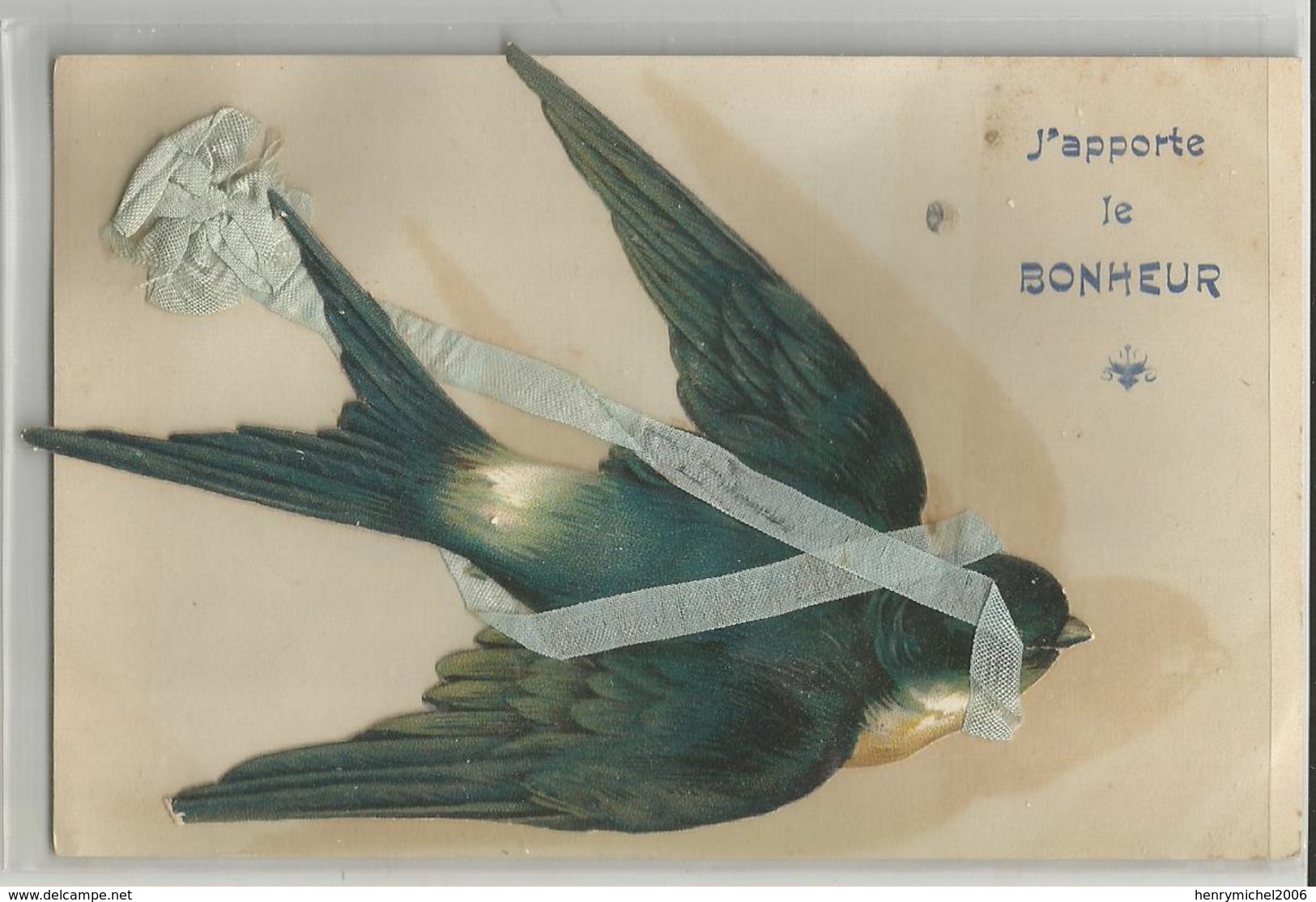 Cpa Ajoutis Oiseau Hirondelle Avec Ruban J'apporte Le Bonheur - Vogels