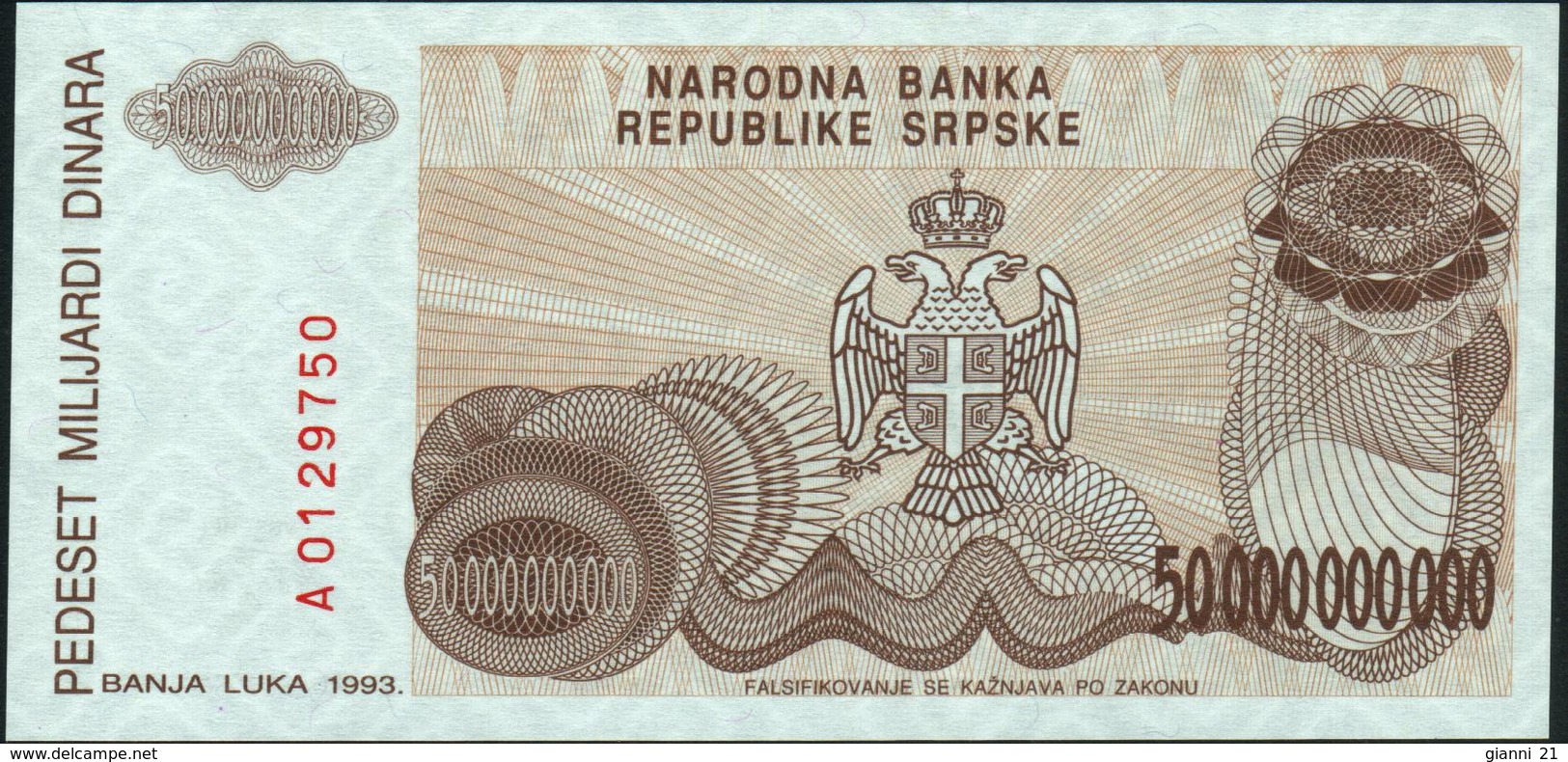 BOSNIA & HERZEGOVINA - 50 Billion Dinara 1993 {Banja Luka} {Not Issued} UNC P.160 - Bosnia And Herzegovina