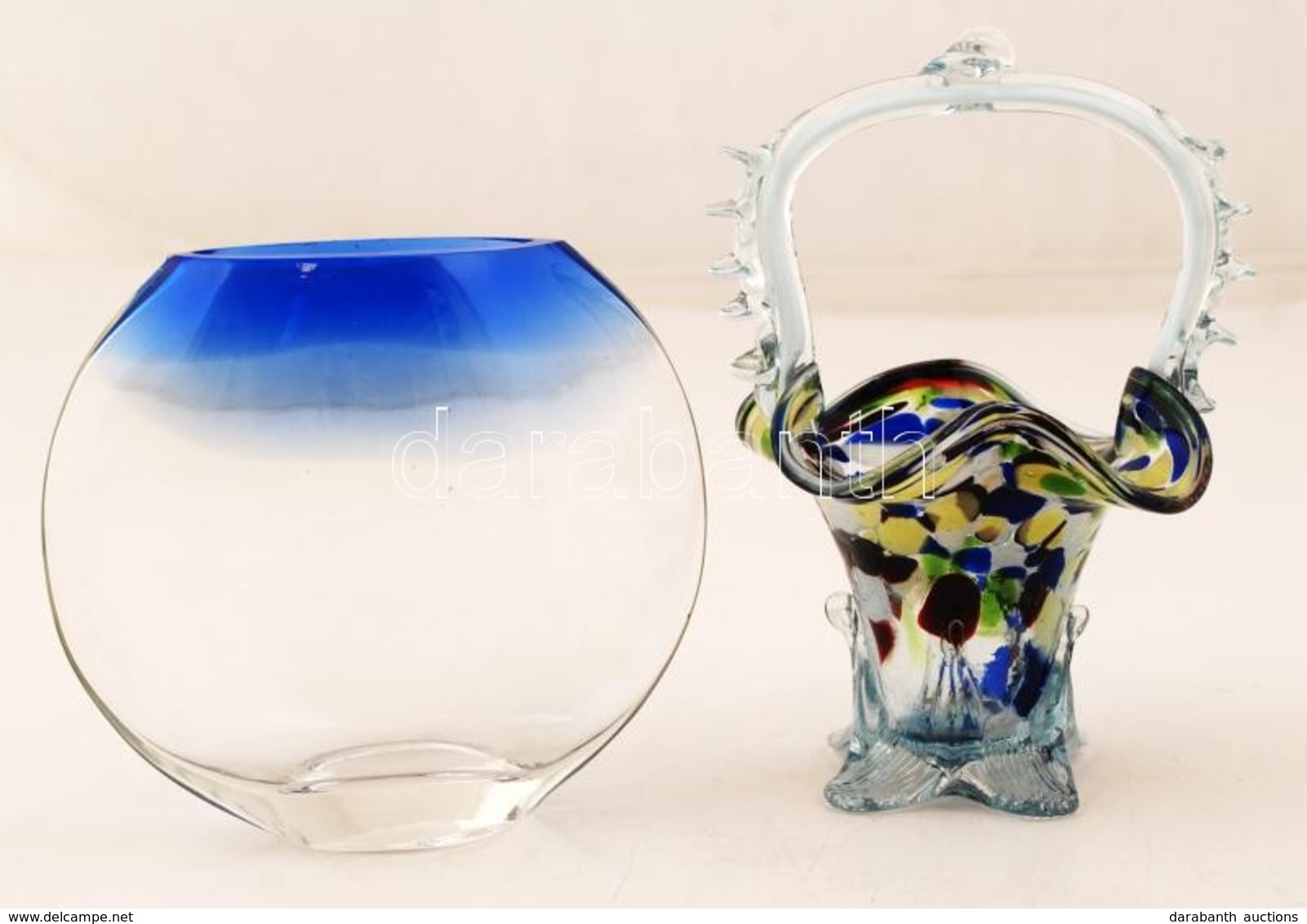 Üveg Váza Apró Lepattanással, M:14cm, üveg Kosárka, 17cm, 2db - Glas & Kristall