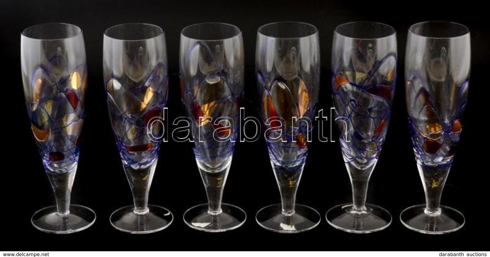 Dekoratív Iparművész üveg Pohárkészlet, 6 Db, Apró Kopásokkal, M: 19,5 Cm - Glas & Kristall