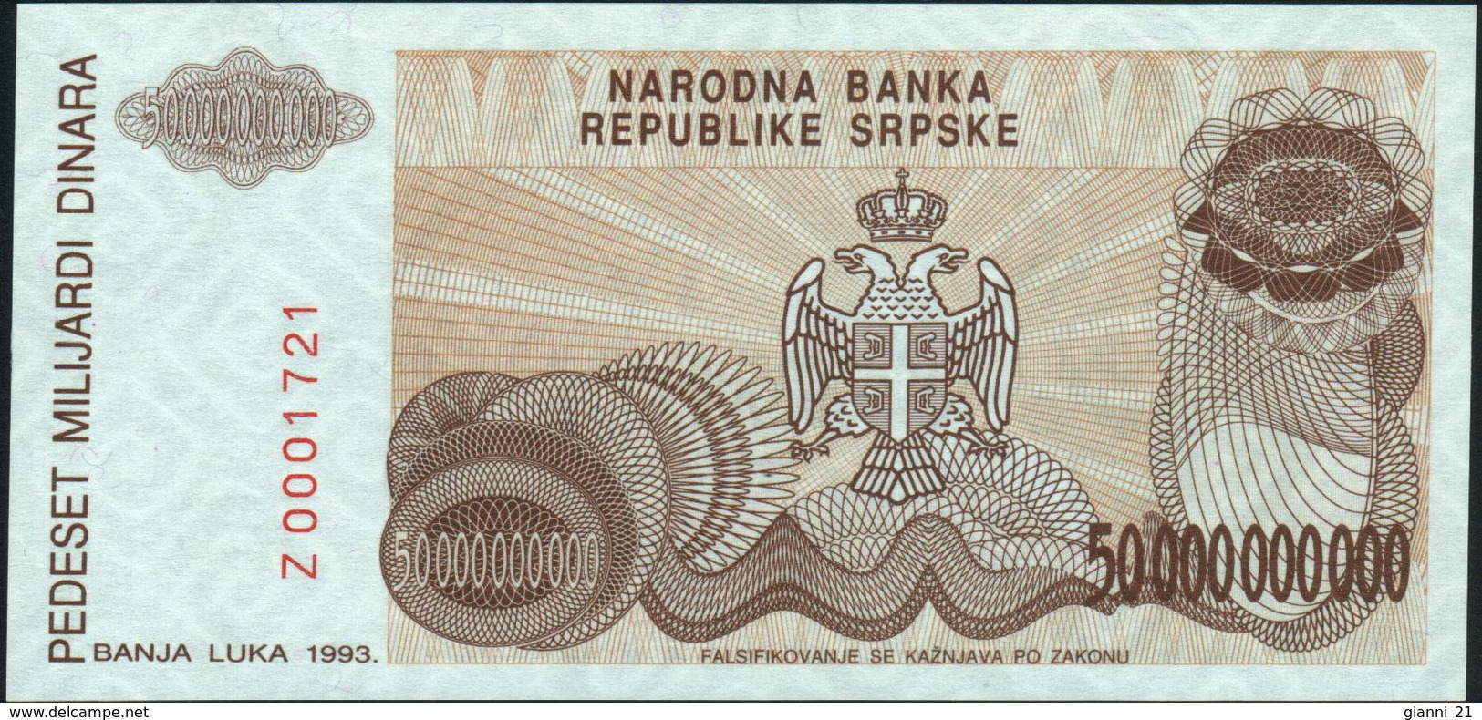 BOSNIA & HERZEGOVINA - 50 Billion Dinara 1993 {Banja Luka} {Replacement} UNC P.160 R - Bosnia Erzegovina