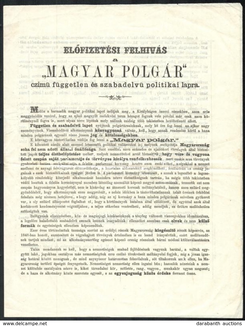 1867 Előfizetési Felhívás A Magyar Polgárra. - Ohne Zuordnung
