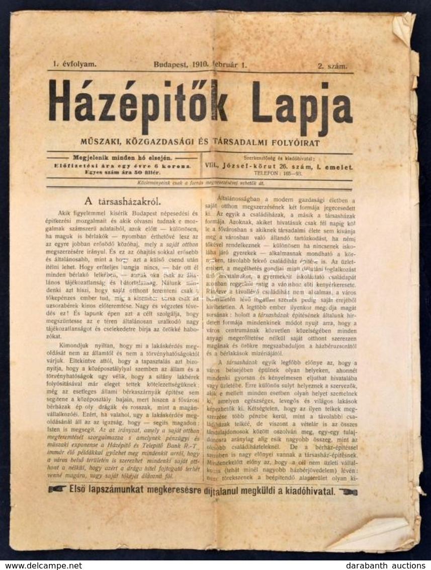 1910 Házépítők Lapja. I. évf. 2. Sz., 1910. Feb. 1. Szerk.: Dr. Lukács G. Jenő. Bp., Európa-ny., 22 P. - Ohne Zuordnung
