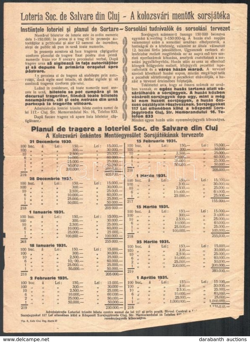 1930 A Kolozsvári Mentők Sorsjátéka Hirdetmény Két Nyelven - Ohne Zuordnung