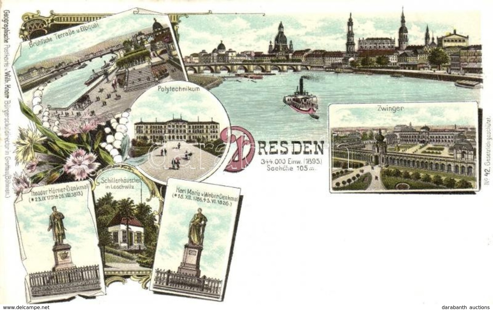** T2 Dresden. Polytechnikum, Zwinger. Geographische Postkarte V. Wilhelm Knorr No. 42. Art Nouveau Litho - Ohne Zuordnung