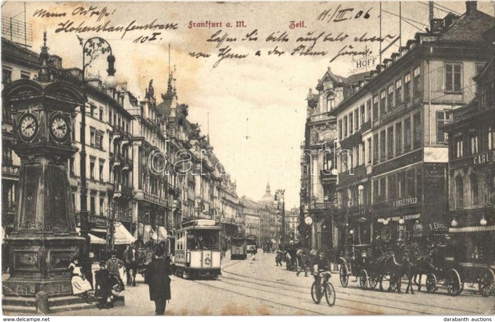 * T3 1906 Frankfurt Am Main, Zeil / Street, Horse Chariots, Trams, Clock Column, Bicycle (Rb) - Ohne Zuordnung