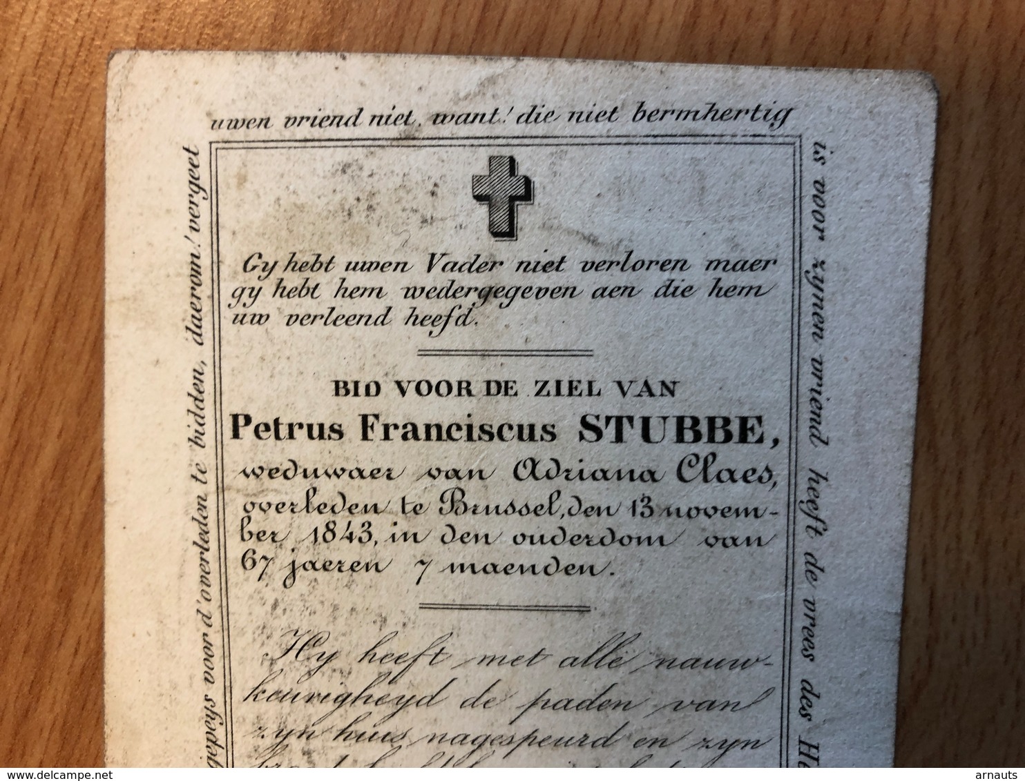 S. Rosalie : Stubbe Petrus Franciscus Weduwnaar Van Claes Adriana *1776 +1843 Brussel  67 Jaeren - Avvisi Di Necrologio