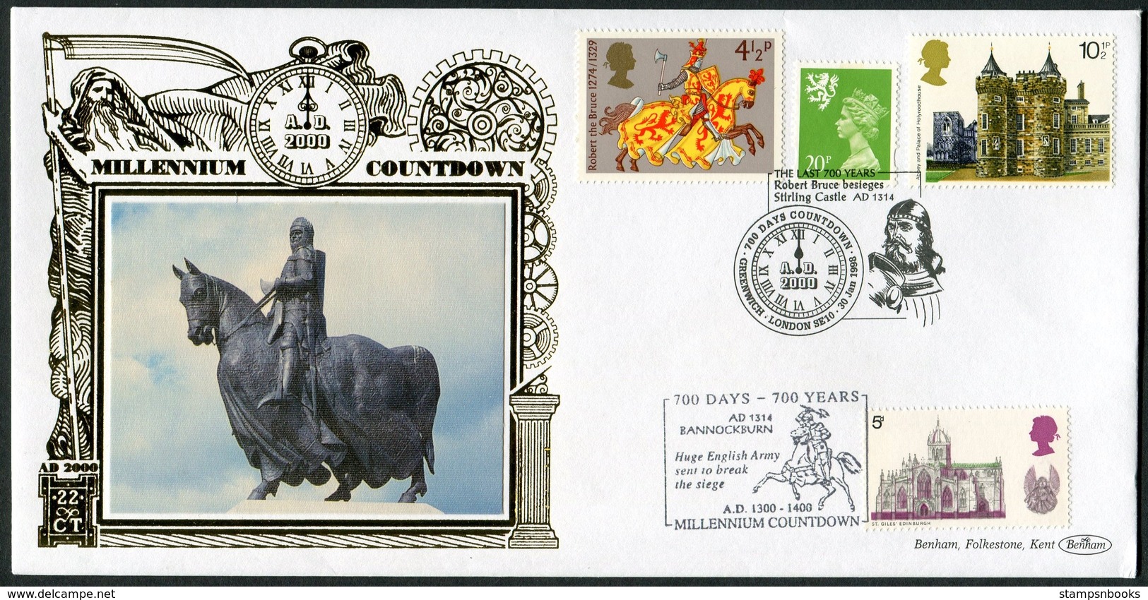 1998 GB Greenwich, Robert The Bruce, King Of Scotland, Battle Of Bannockburn, 22 Carat Gold Cover - Covers & Documents