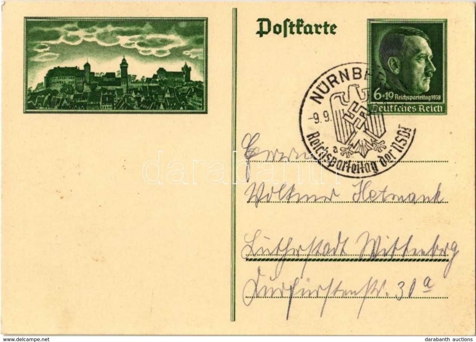 * T2 1938 Nürnberg / Nuremberg Rally. NSDAP German Nazi Party Propaganda Postcard, Swastika. 6+19 Ga. Adolf Hitler + "19 - Ohne Zuordnung