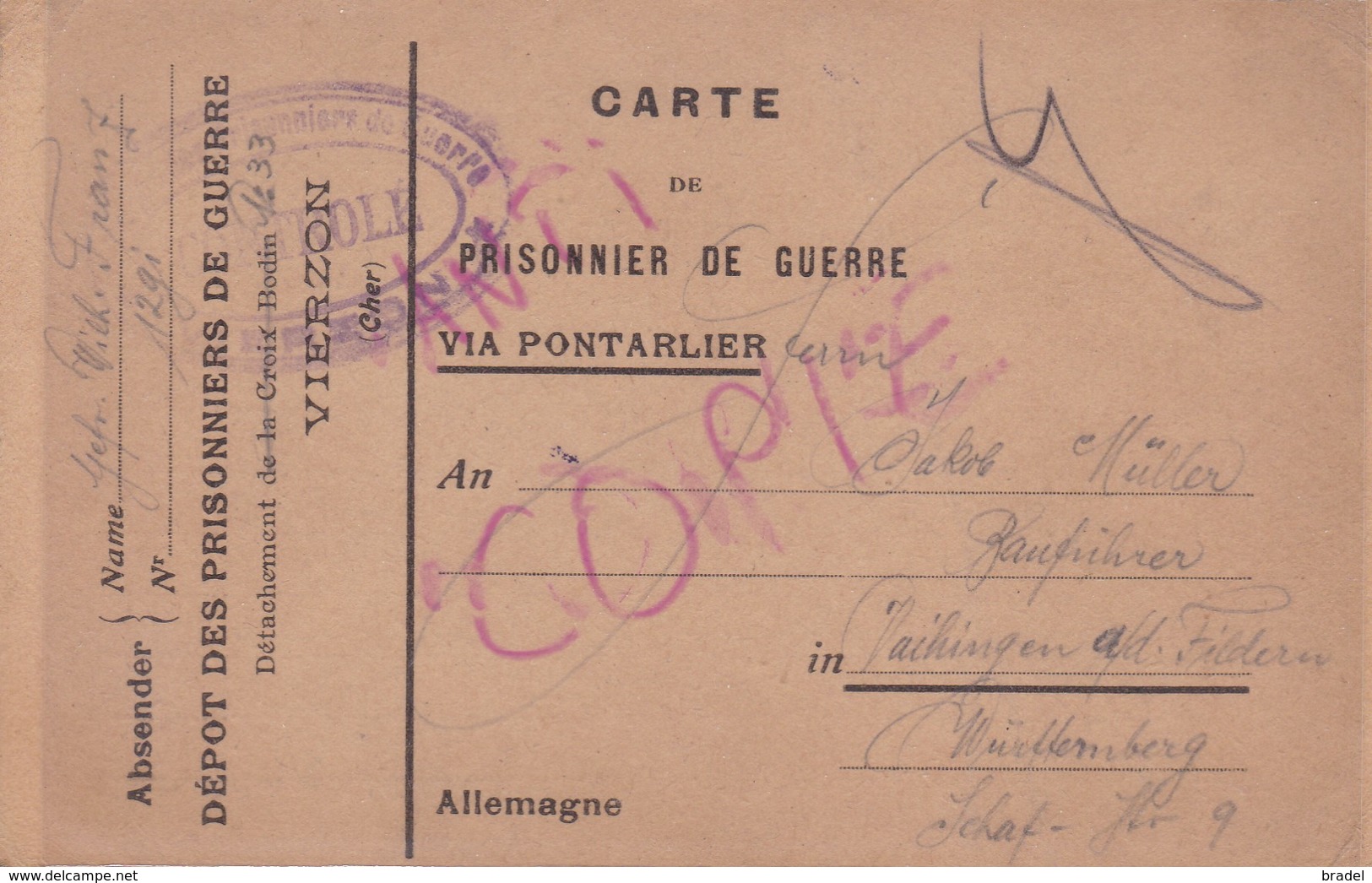 Carte De Franchise Pour Prisonniers De Guerre Dépot De VIERZON Détachement De La Croix Bodin 1918 - Lettres & Documents