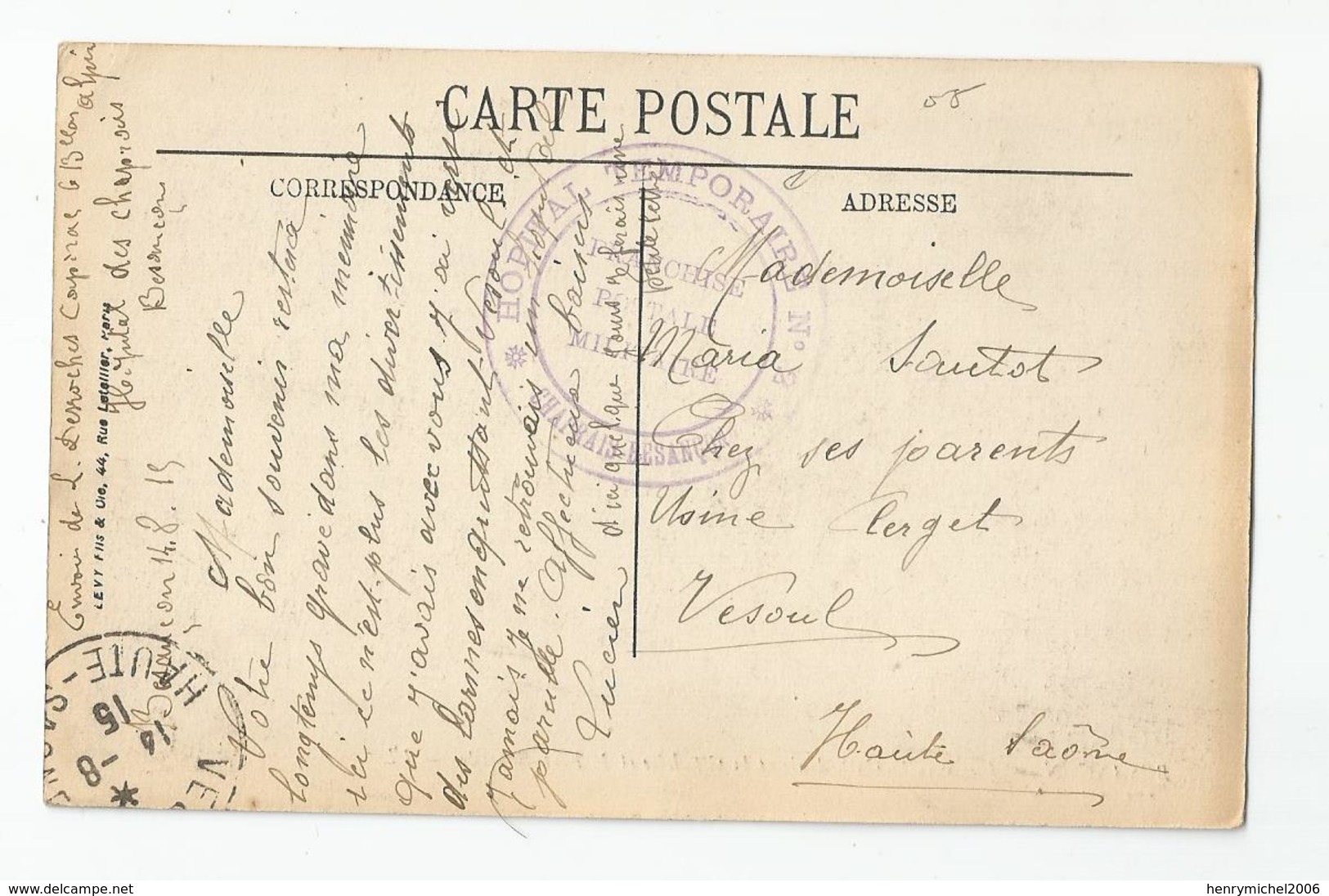 Marcophilie Cachet Chaprais Besanson Hopital Temporaire 1915 Pour Vesoul 70 - WW I