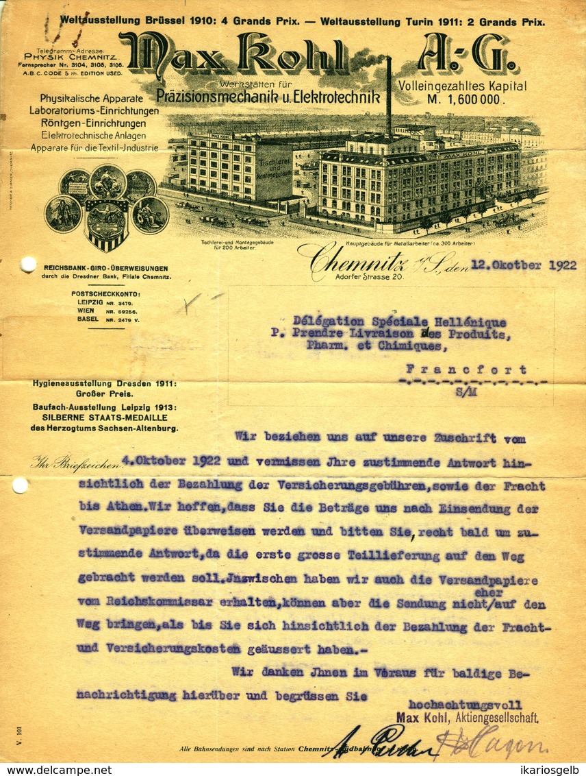 CHEMNITZ Sachsen Rechnung 1922 " Max Kohl AG - Präzisionsmechanik & Elektrotechnik " - Électricité & Gaz