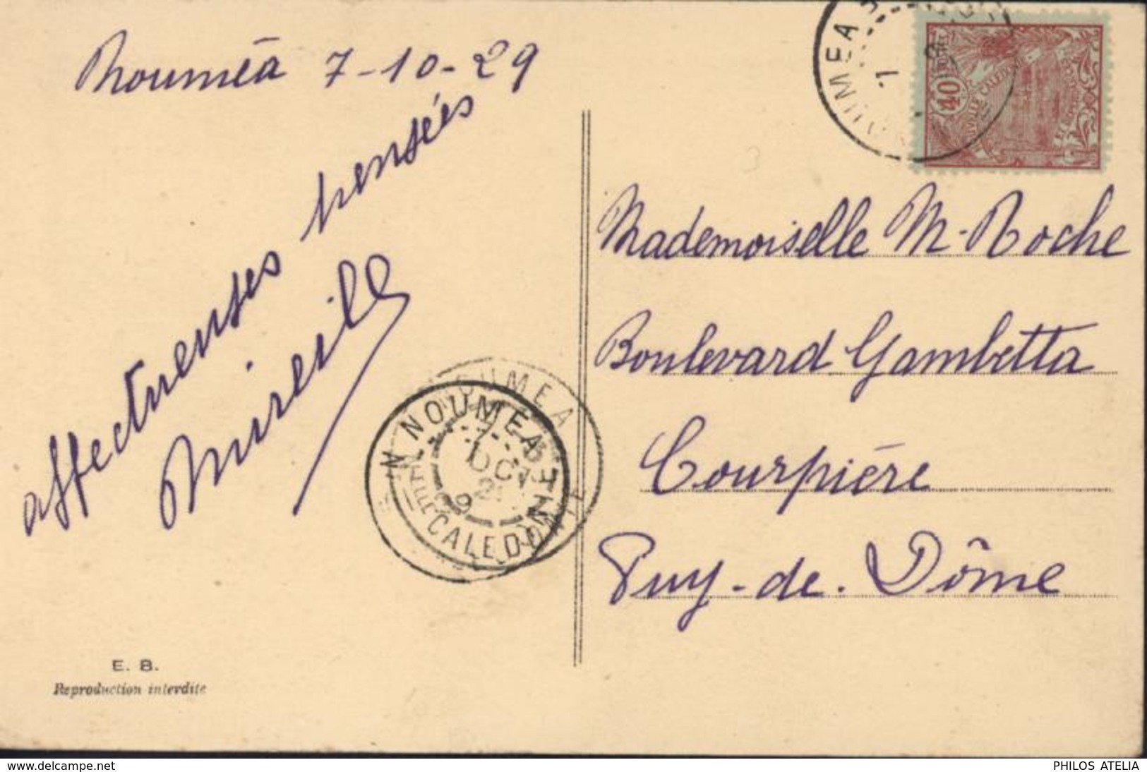 YT 98 Nouvelle Calédonie 40ct Rouge Sur Verdâtre Rade CAD Nouméa 7 OCT 1929 CPA Cocoteraie à Arama - Used Stamps