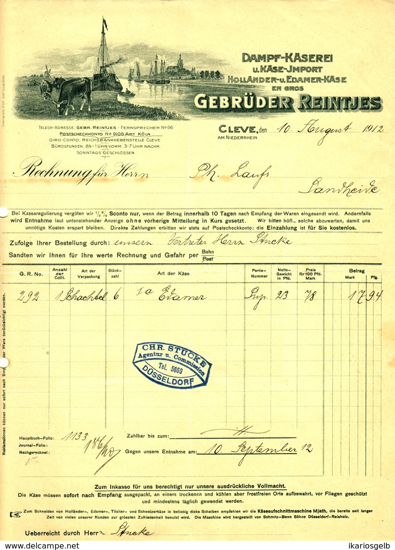 CLEVE 1912 Rechnung Besonders Deko " Gebr.Reintjes Dampfkäserei Edamer Holländer " - Alimentos