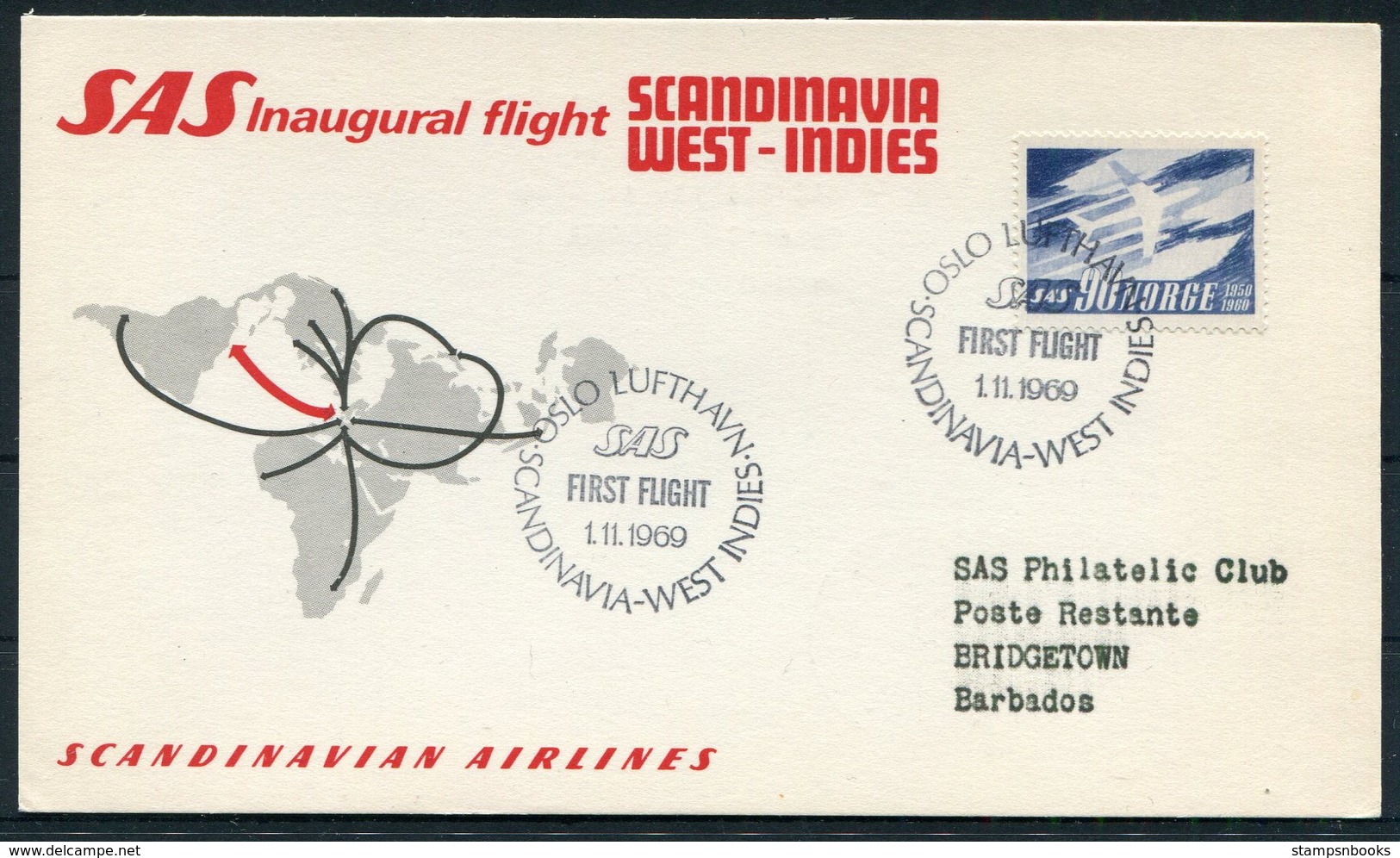 1969 Norway SAS First Flight Card Oslo - Bridgetown Barbados. - Cartas & Documentos