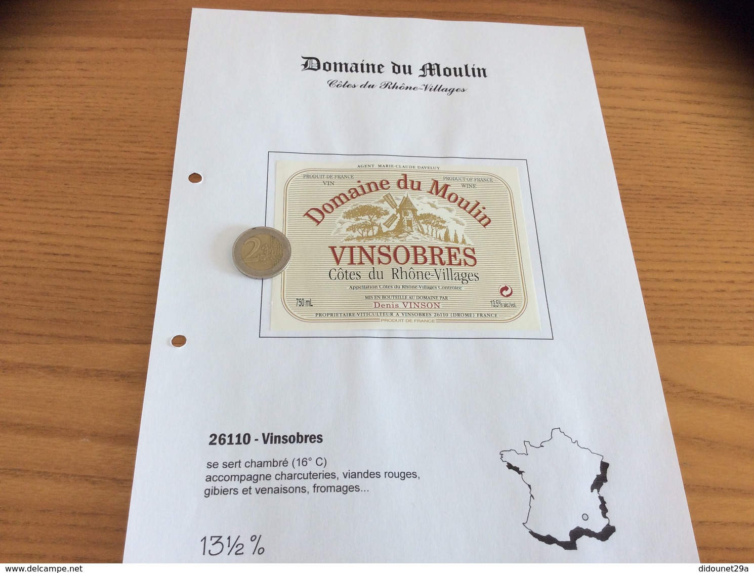 Étiquette Vin «Côtes Du Rhône Villages - VINSOBRES - Domaine Du Moulin -AGENT MC DAVELUY - Denis Vinson- Vinsobres (26)» - Côtes Du Rhône