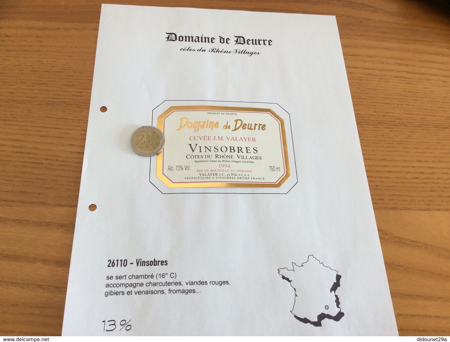 Étiquette Vin 1994«Côtes Du Rhône Villages - VINSOBRES -Domaine Du Deurre- CUVÉE JM -VALAYER JC Et Fils- Vinsobres (26)» - Côtes Du Rhône