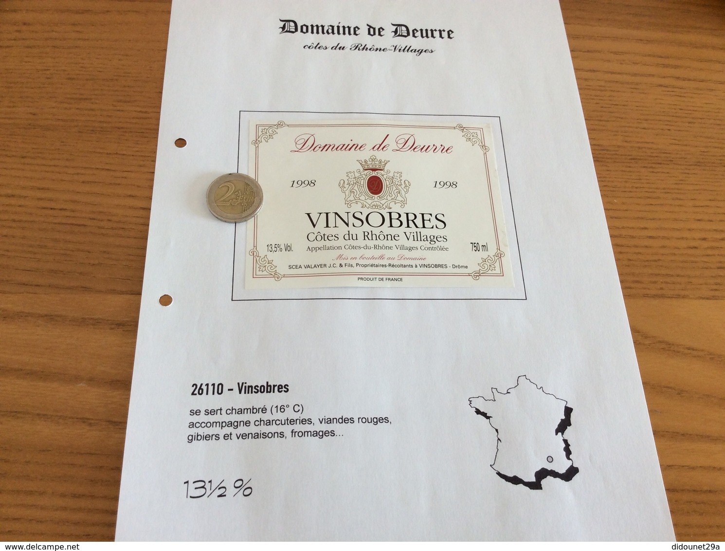 Étiquette Vin 1998 «Côtes Du Rhône Villages - VINSOBRES -Domaine Du Deurre -VALAYER JC Et Fils- Vinsobres (26)» - Côtes Du Rhône