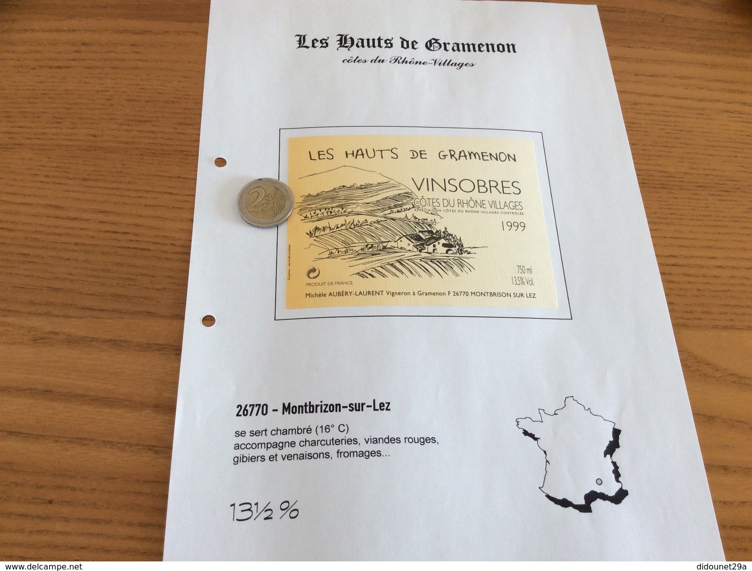 Étiquette Vin 1999 «Côtes Du Rhône Villages - VINSOBRES - LES HATS DE GRAMENON -AUBÉRY LAURENT- Montbrizon-sur-lez (26)» - Côtes Du Rhône