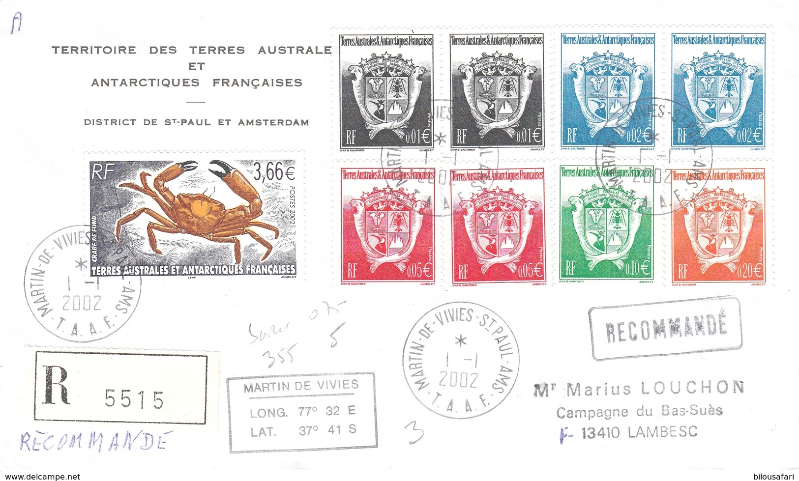 (TAAF) > 2002-09 > L-R/N°322/326 +335  Recommadée  MARTIN DE VIVIES 1-1-2002 - Used Stamps