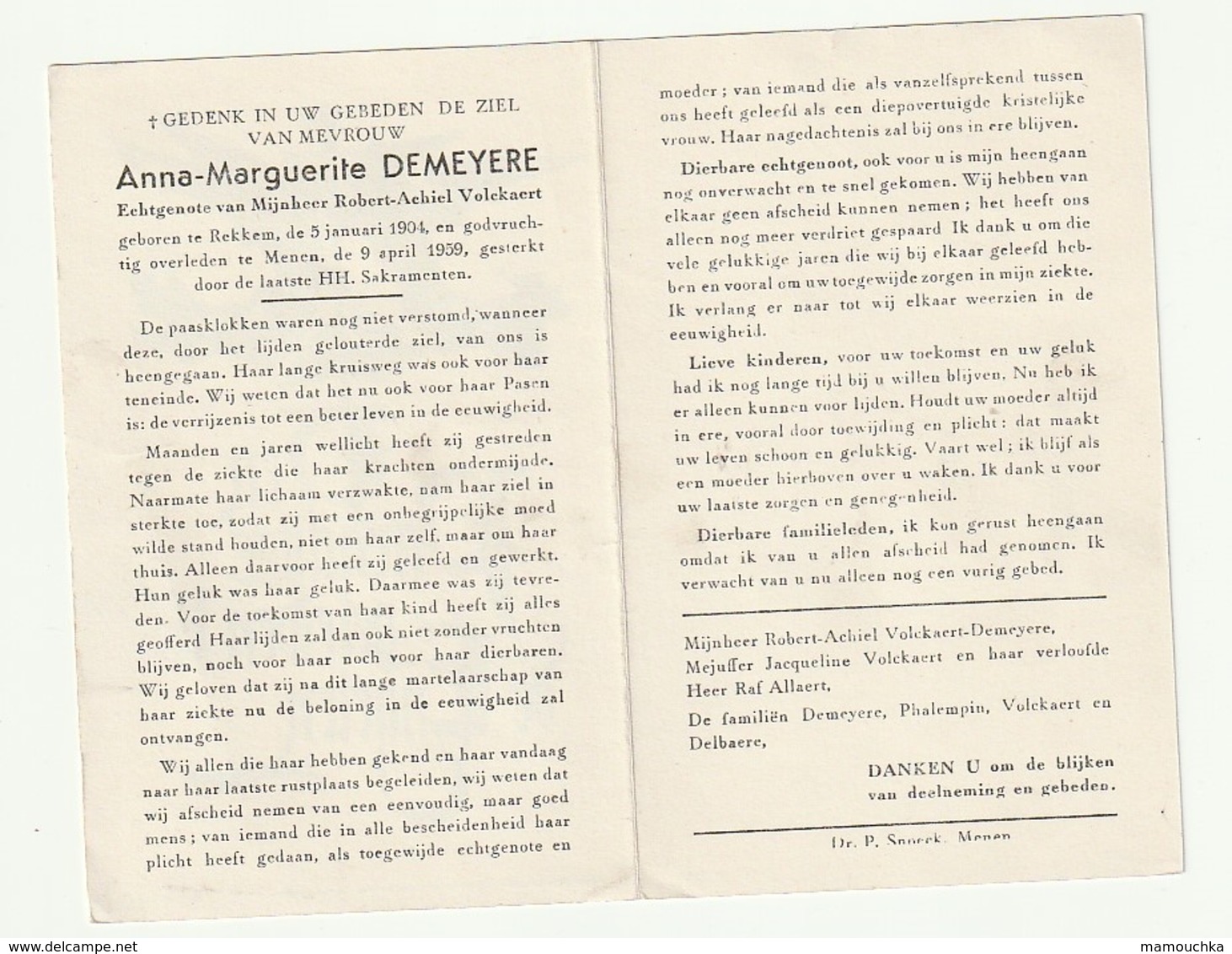 Doodsprentje Anna-Marguerite DEMEYERE Echtg. Robert Achiel Volckaert Rekkem 1904 Menen 1959 - Images Religieuses