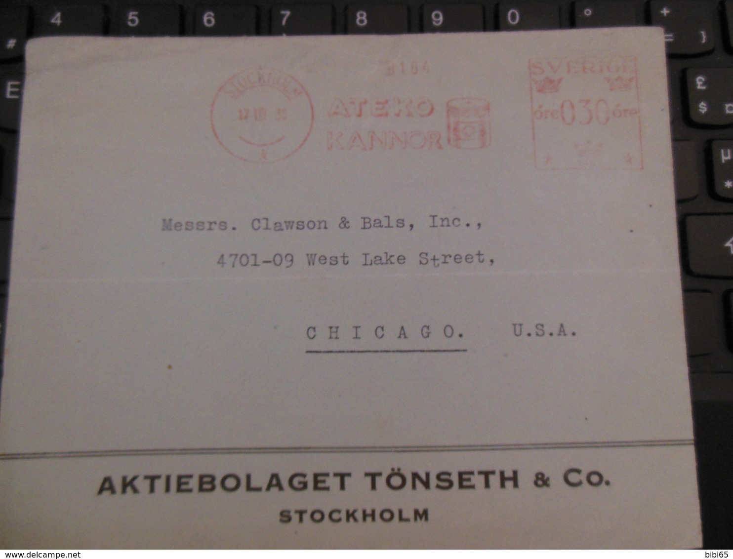 ATEKO KANNOR STOCKHOLM 17 AUG 1936 POUR U.S.A. TARIF 030 ÖRE AKTIEBOLAGET TÖNSETH & CO - 1920-1936 Rouleaux I