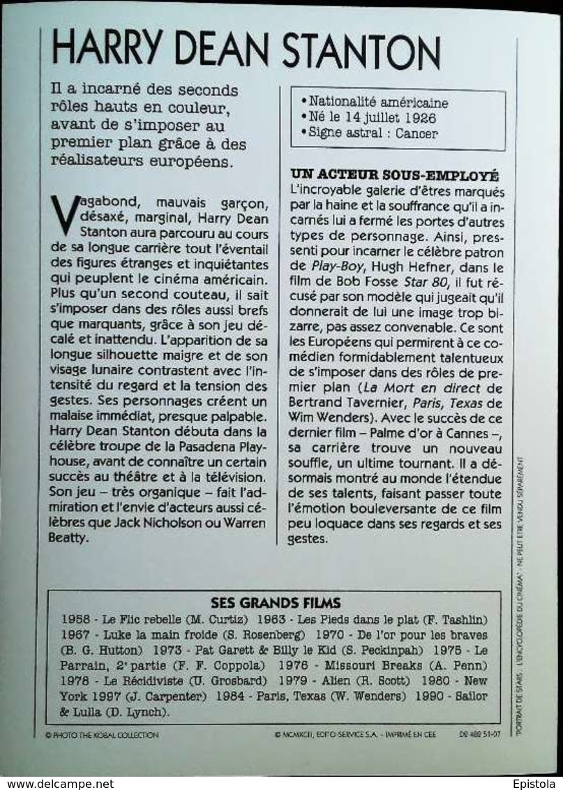 HARRY DEAN STANTON  . Portrait Star Cinéma . Photo-Fiche Filmographie . Collection Edito Service - Fotos