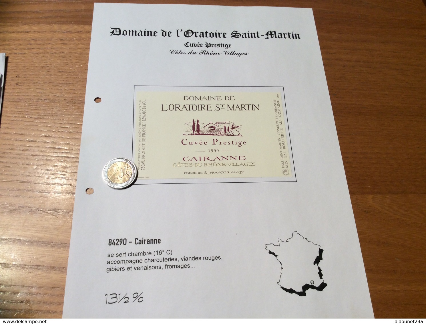 Etiquette Vin 1999 «CÔTES-DU-RHÔNE VILLAGES - CAIRANNE -DOMAINE DE L’ORATOIRE ST MARTIN- Cuvée Prestige -F&F ALARY (84)» - Côtes Du Rhône