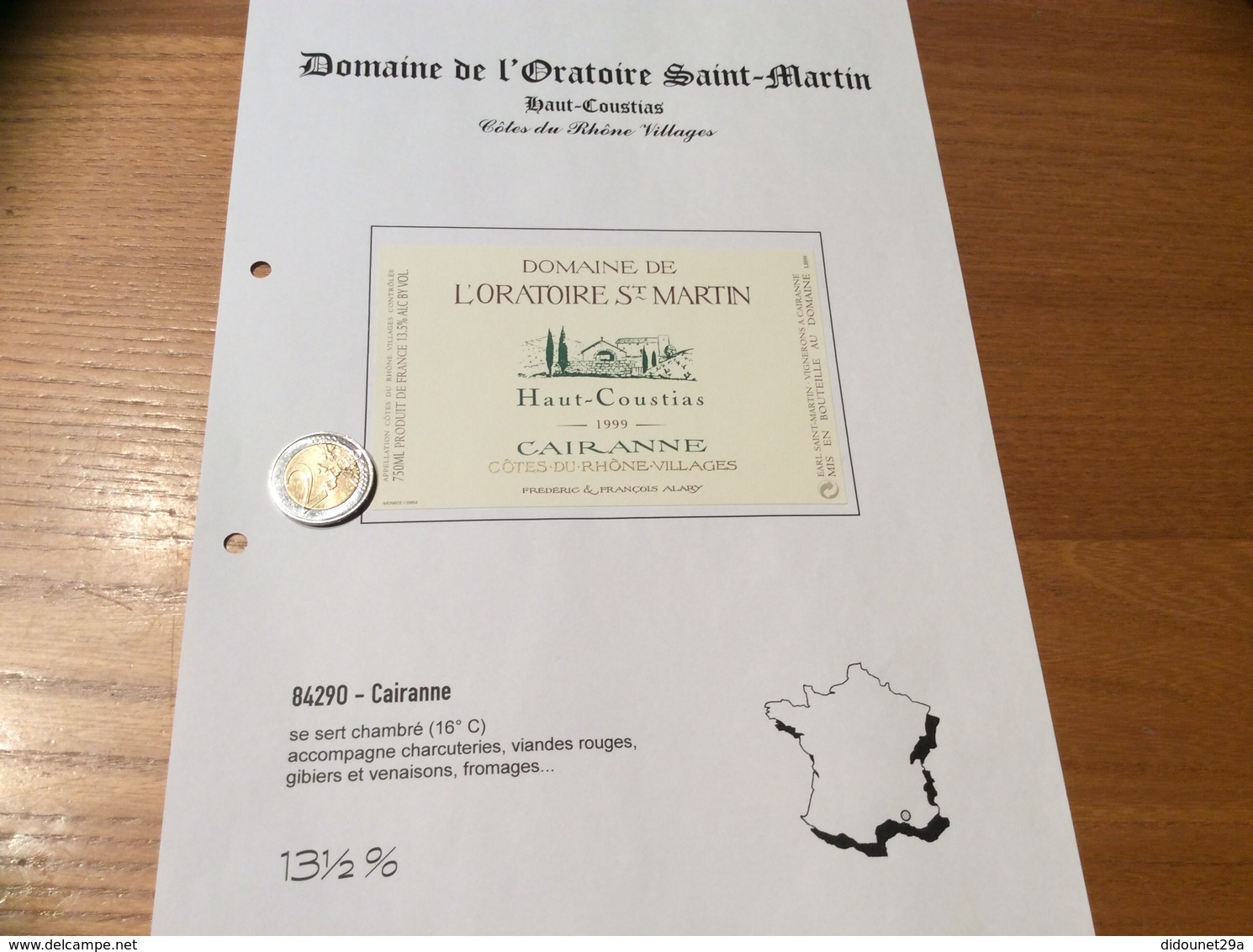 Etiquette Vin 1999 «CÔTES-DU-RHÔNE VILLAGES - CAIRANNE -DOMAINE DE L’ORATOIRE ST MARTIN- Haut Coustias -F&F ALARY (84)» - Côtes Du Rhône