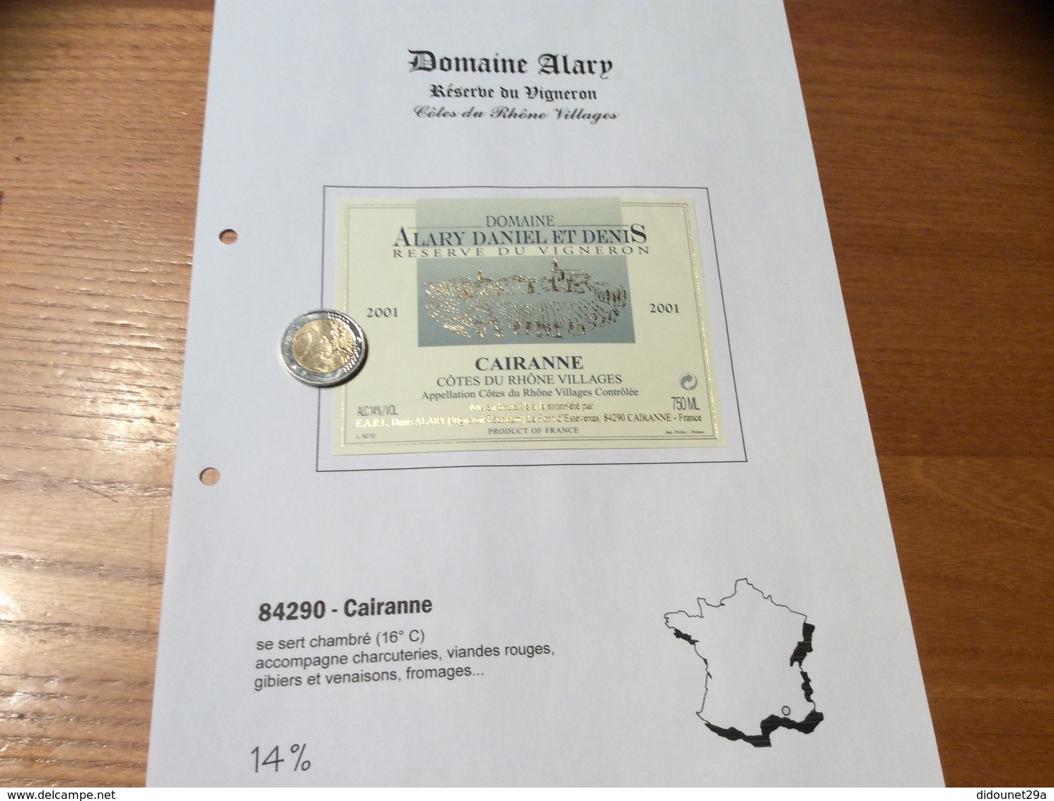 Etiquette Vin 2001 «CÔTES-DU-RHÔNE VILLAGES - CAIRANNE -DOMAINE DANIEL ET DENIS ALARY- RÉSERVE DU VIGNERON (84)» - Côtes Du Rhône