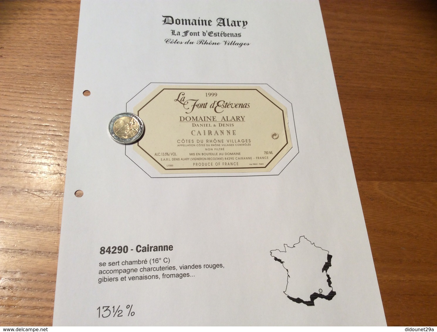 Etiquette Vin 1999 «CÔTES-DU-RHÔNE VILLAGES - CAIRANNE -DOMAINE DANIEL ET DENIS ALARY- La Front D’Estévenas (84)» - Côtes Du Rhône